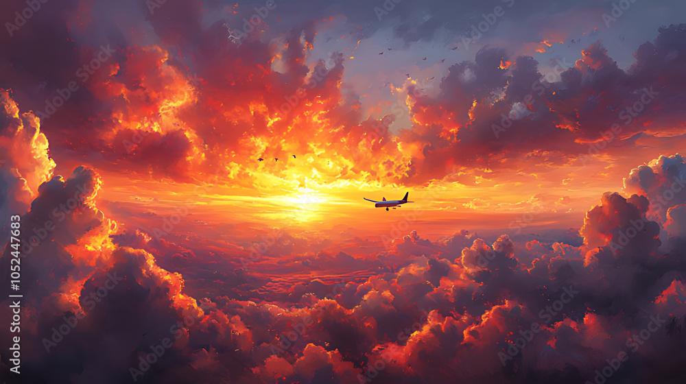 Fototapeta premium A single airplane flies through a stunning sunset sky, with vibrant orange and red clouds stretching as far as the eye can see.