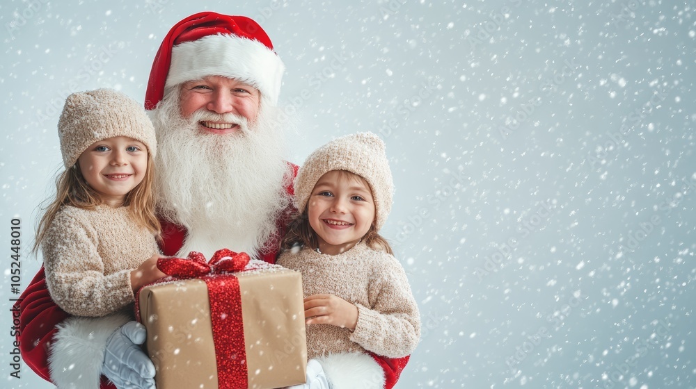 Santa Claus with two young girls, sharing gifts in a festive snowy setting. Heartwarming holiday scene. Santa Claus with two young girls, sharing gifts in a festive snowy setting. Heartwarming holiday scene.