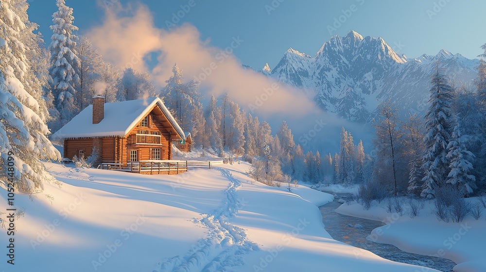 An idyllic winter scene with a wooden cabin covered in a layer of snow An idyllic winter scene with a wooden cabin covered in a layer of snow