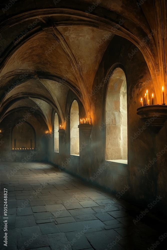 Fototapeta premium An ancient hallway with arches, warm candlelight, and a tranquil ambiance.
