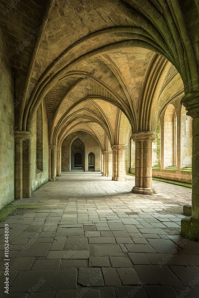 Obraz premium A serene medieval cloister corridor with stunning stone arches and ambient lighting.
