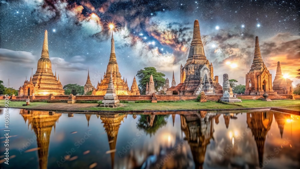Fototapeta premium Night Photography of Ayutthaya Historical Park in Thailand - Illuminated Ruins and Scenic Landscapes