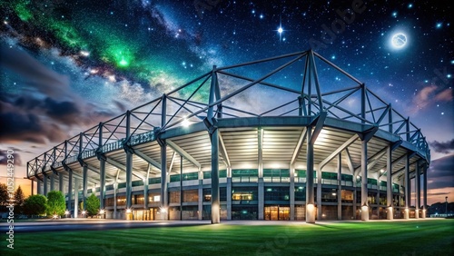 Night Photography of Borussia-Park Stadium with Vibrant Lights and Football Atmosphere photo