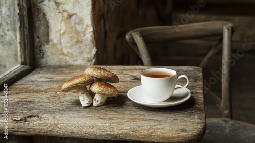 Cozy Tea and Mushroom Still Life on Rustic Table photo