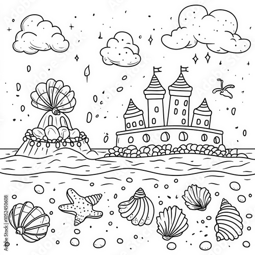 A beach scene with seashell...