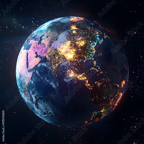 Glowing Continents of Earth s Diverse Cultures and Ecosystems photo