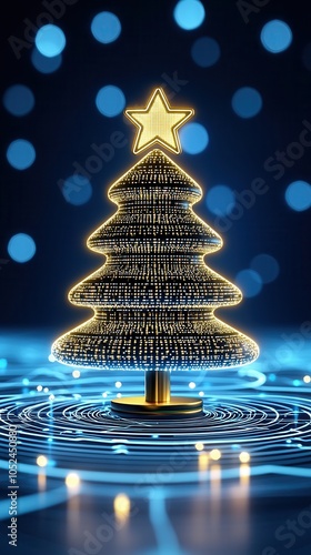 Illuminated Christmas tree with golden star, creating a festive atmosphere with shimmering blue background and circular patterns. photo