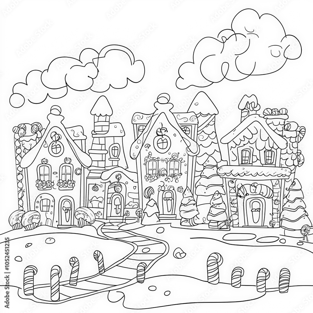 Naklejka premium A gingerbread village with candy shops, coloring page for kids, simple outline illustration. Coloring book, simple lines.