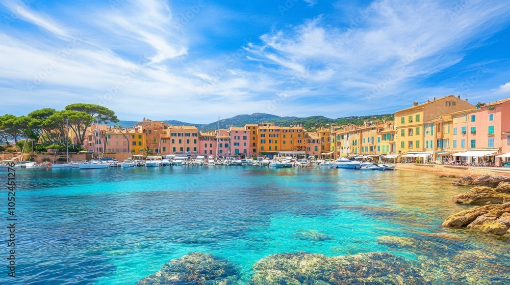 Obraz premium Colorful Coastal Village with Clear Blue Water