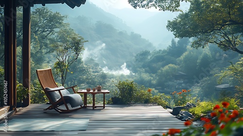 A wooden chair and table with tea set sits on a deck overlooking a valley with green mountains and mist in the background.