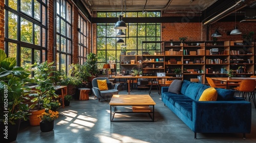 Modern loft living room with large windows, brick wall, blue sofa, and plants.