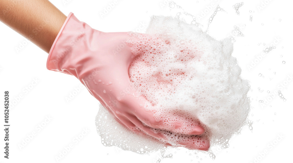Fototapeta premium Hand in Pink Glove Holding Foam.