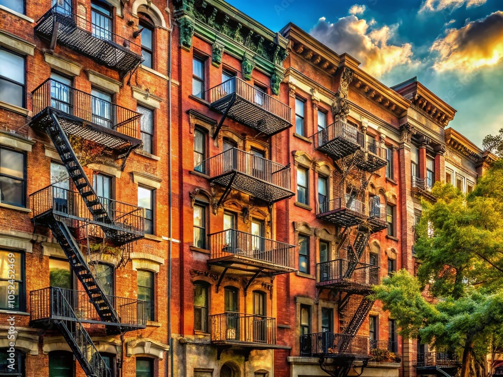 Obraz premium Old Brick Residential Buildings with Fire Escapes in Astoria Queens New York - Candid Photography
