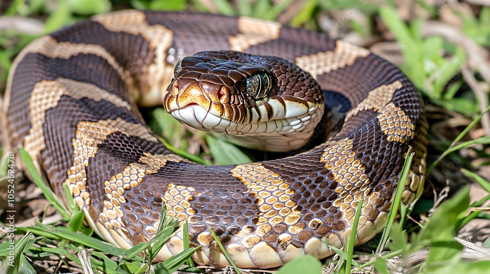 A close-up of a brown and gold-patterned snake resting on grass. A close-up of a brown and gold-patterned snake resting on grass.