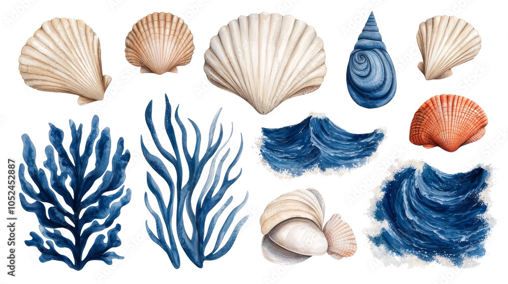 Watercolor Seashells, Seaweed and Ocean Waves Clipart. Watercolor Seashells, Seaweed and Ocean Waves Clipart.