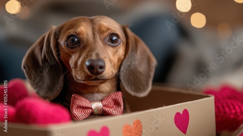 An adorable dog wearing a bow tie sits inside a decorated box, surrounded by heartfelt decorations, conveying a sense of charm and celebration. photo