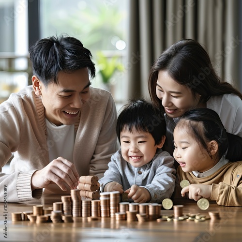 Family stacking penny in dreans of buying new home, Mortgages, Moving, New Location photo