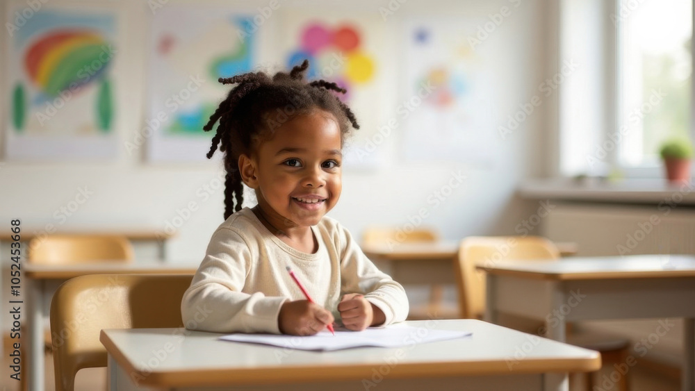 Young child smiles while drawing at a classroom desk filled with colorful artwork in the background during a bright daytime lesson. refugee integration Young child smiles while drawing at a classroom desk filled with colorful artwork in the background during a bright daytime lesson. refugee integration
