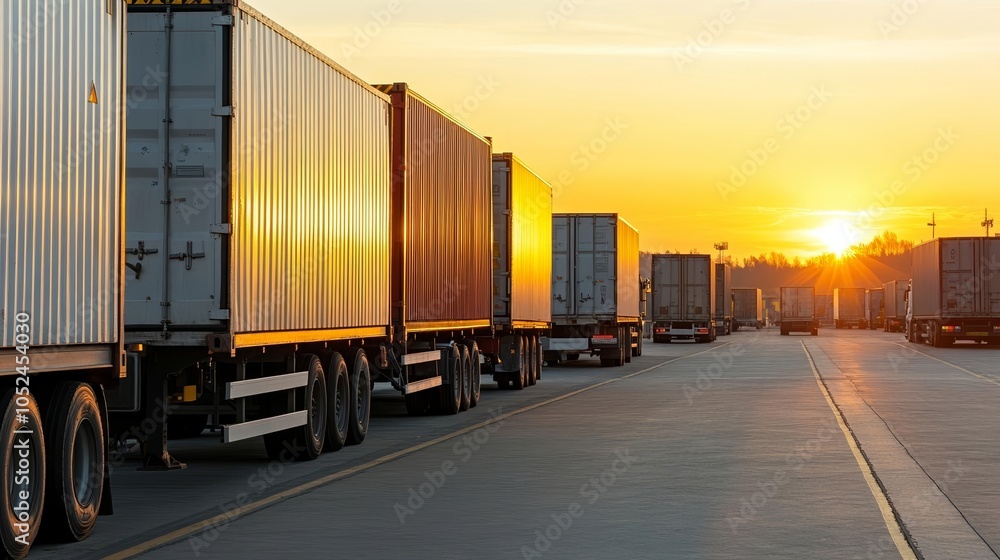 Fleet of cargo trucks parked at a loading dock during sunset, industrial shipping yard with trailers, golden hour light reflecting off trailers Fleet of cargo trucks parked at a loading dock during sunset, industrial shipping yard with trailers, golden hour light reflecting off trailers