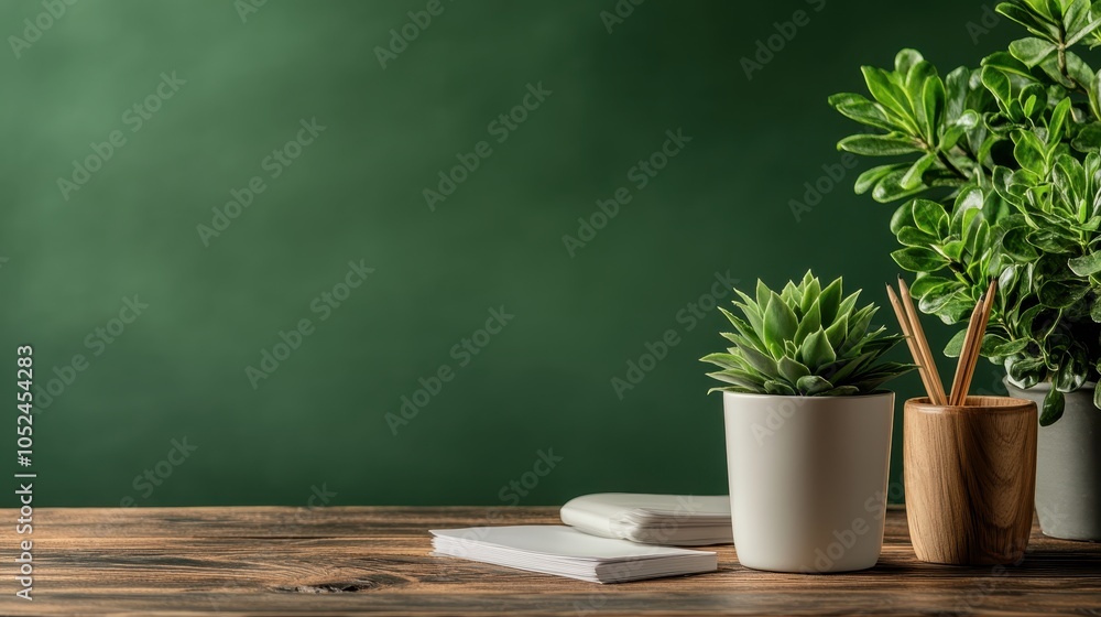 In this image, potted succulents and notepads are creatively displayed on a wooden desk, suggesting themes of organization, inspiration, and natural interior design. In this image, potted succulents and notepads are creatively displayed on a wooden desk, suggesting themes of organization, inspiration, and natural interior design.