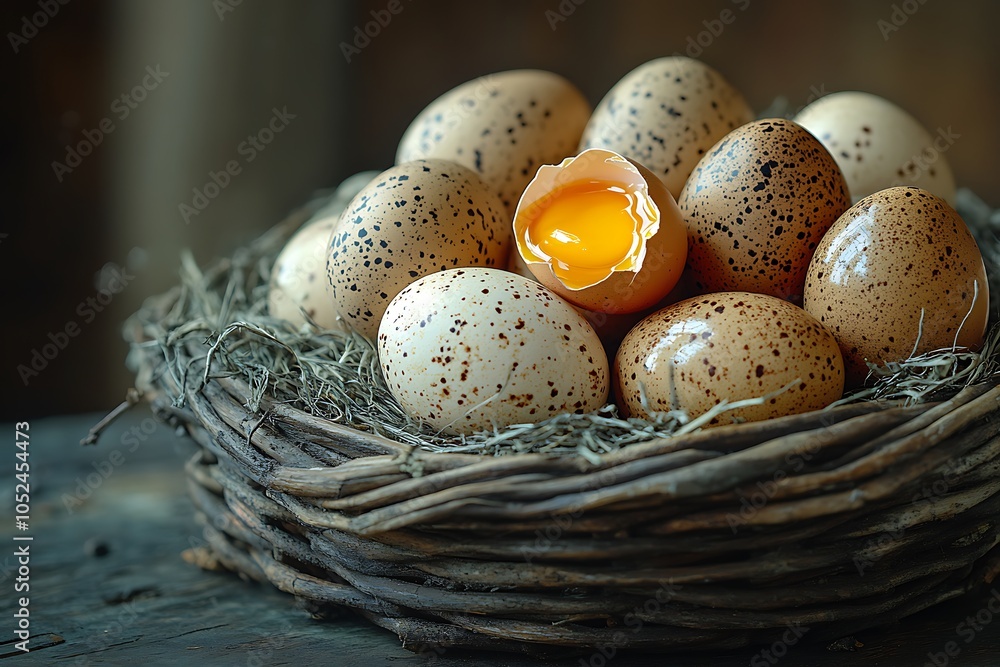 Speckled eggs in a nest, one cracked open revealing a yolk Speckled eggs in a nest, one cracked open revealing a yolk