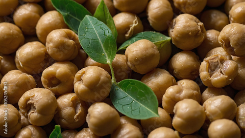 Many small, light brown chickpeas are scattered on top of some green leaves.

 photo