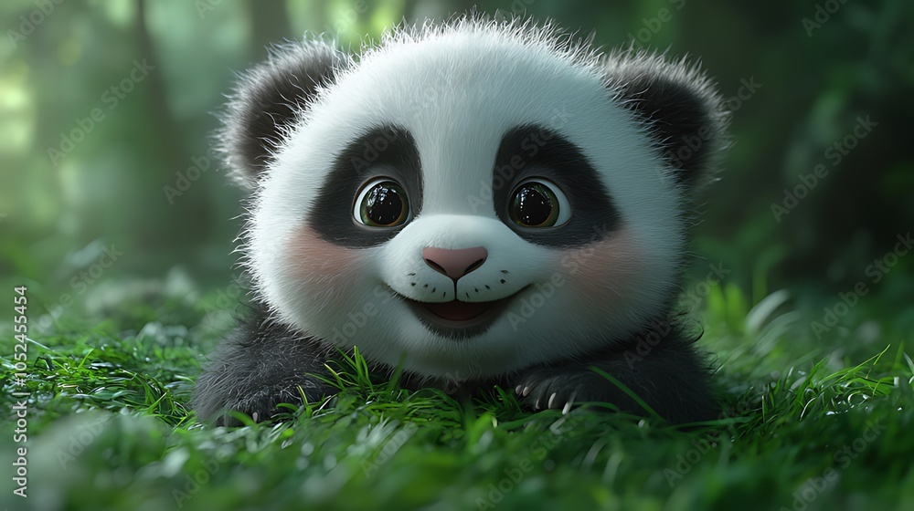 A cute, cartoon panda cub with big brown eyes and a happy expression is lying on a bed of green grass in a forest.