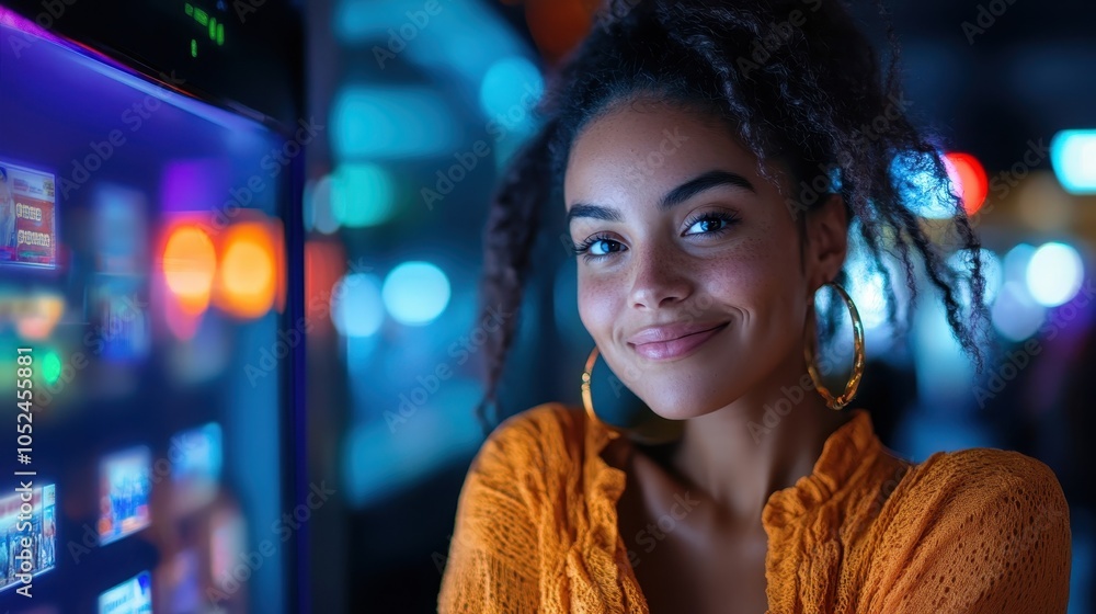 A smiling young woman in an orange top stands out against vibrant nightlife lights. Her large earrings and curly hair add allure to the lively urban setting. A joyful image.