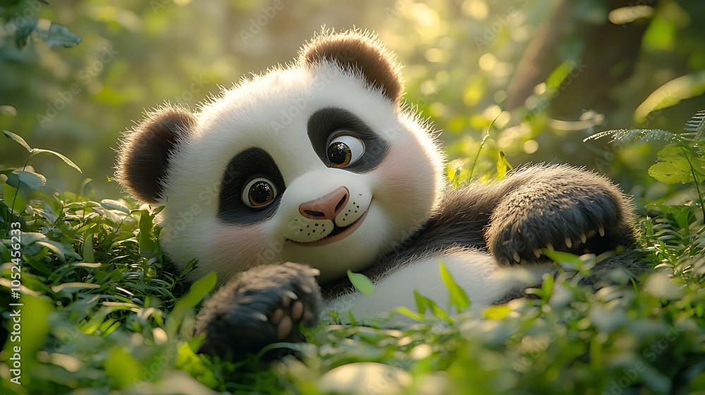 A cute, cartoon panda bear cub with big eyes lies in a grassy field, looking directly at the viewer with a playful smile. The sun shines through the leaves of the trees. A cute, cartoon panda bear cub with big eyes lies in a grassy field, looking directly at the viewer with a playful smile. The sun shines through the leaves of the trees.