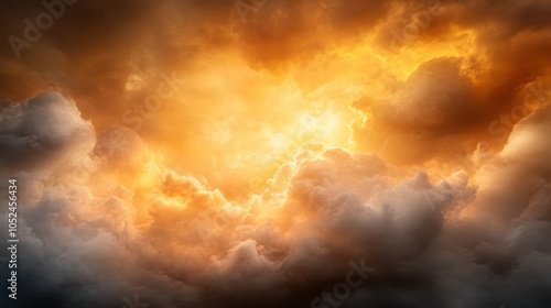 Fototapeta Naklejka Na Ścianę i Meble -  A dramatic cloudscape with swirling golden and fiery hues capturing the intensity and majestic beauty of a turbulent sky during either sunrise or sunset.