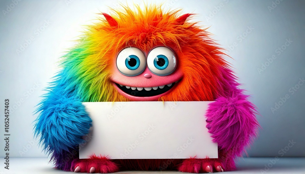 Fototapeta premium Fluffy Monster Holding A White Empty Board - generative ai, üretken yapay zeka,