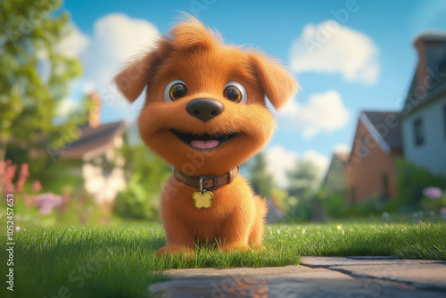 Cute puppy on the grass 3d ...