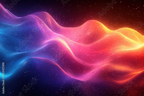 Abstract glowing wave with red, orange, blue and purple colors on black background.