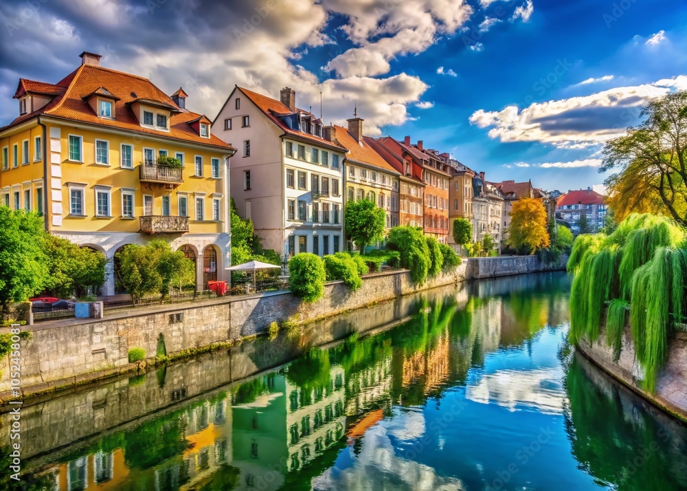 Obraz premium Picturesque Houses of Ljubljana by the Ljubljanica River in Slovenia - HDR Landscape Photography