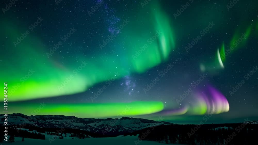 Wide shot of iridescent Northern Lights over empty horizon Wide shot of iridescent Northern Lights over empty horizon