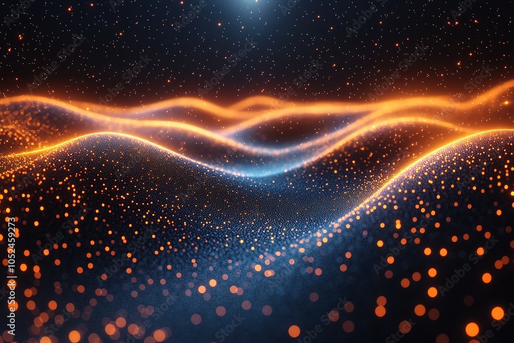 Fototapeta premium Abstract glowing waves of particles in blue and orange on a dark background.