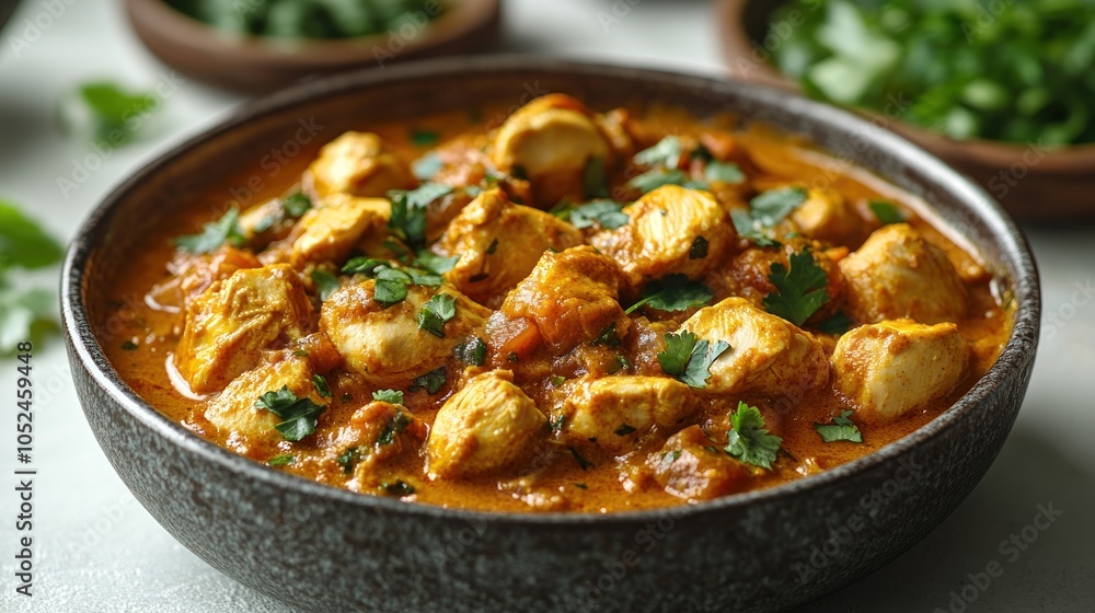 Deliciously cooked curry featuring tender potatoes garnished with fresh herbs Deliciously cooked curry featuring tender potatoes garnished with fresh herbs