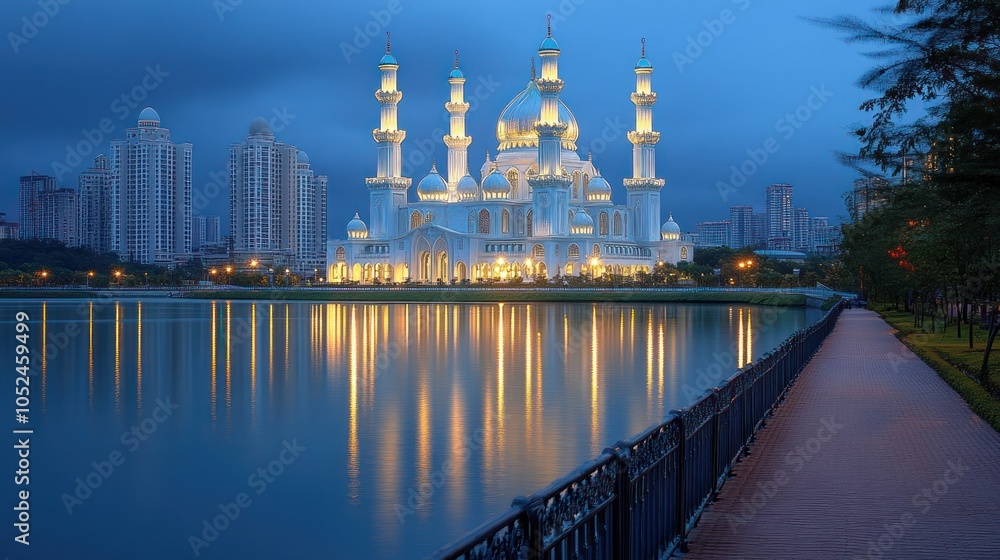 Obraz premium A white mosque with multiple minarets illuminated at dusk, reflecting in a calm lake.
