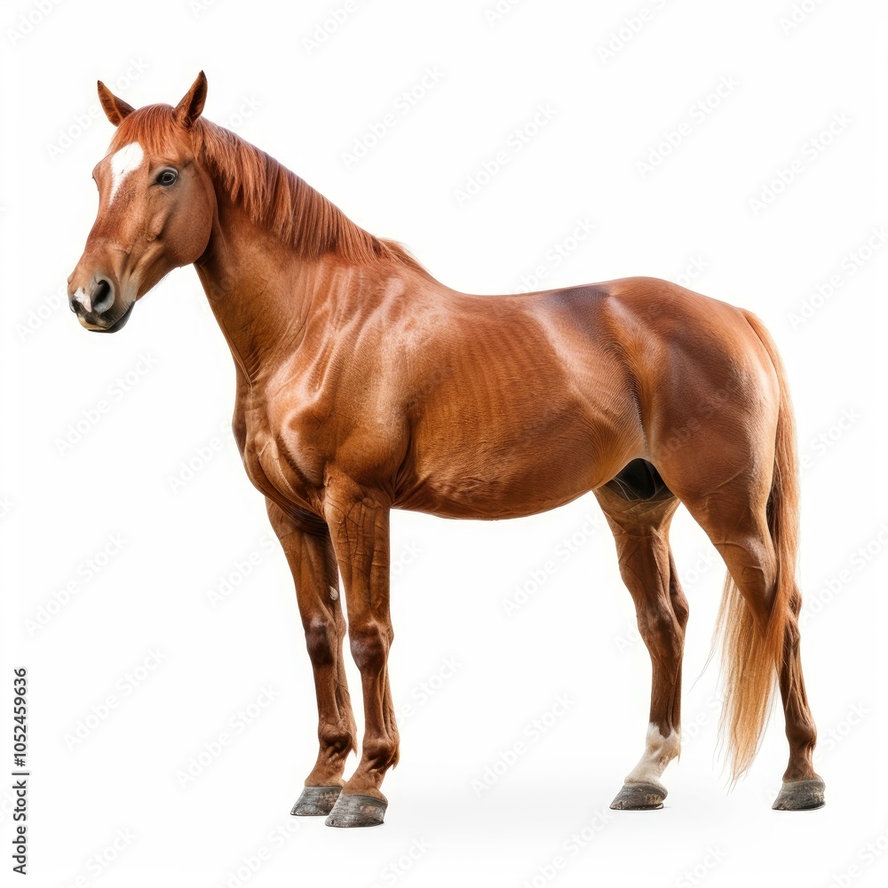 Obraz premium Studio shot of a chestnut horse standing against a white backdrop, showcasing its strong build and elegant posture