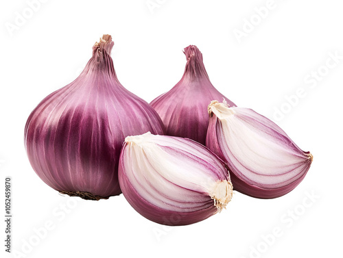 a group of onions and a cut onion