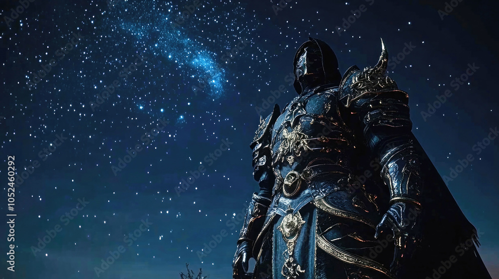 A Scorpio-themed warrior stands resolute beneath a starry night sky A Scorpio-themed warrior stands resolute beneath a starry night sky