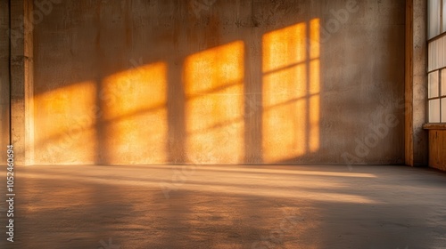 Sunset light casts warm and long shadows through industrial-style windows onto a textured concrete warehouse wall, creating a tranquil, artistic atmosphere. photo