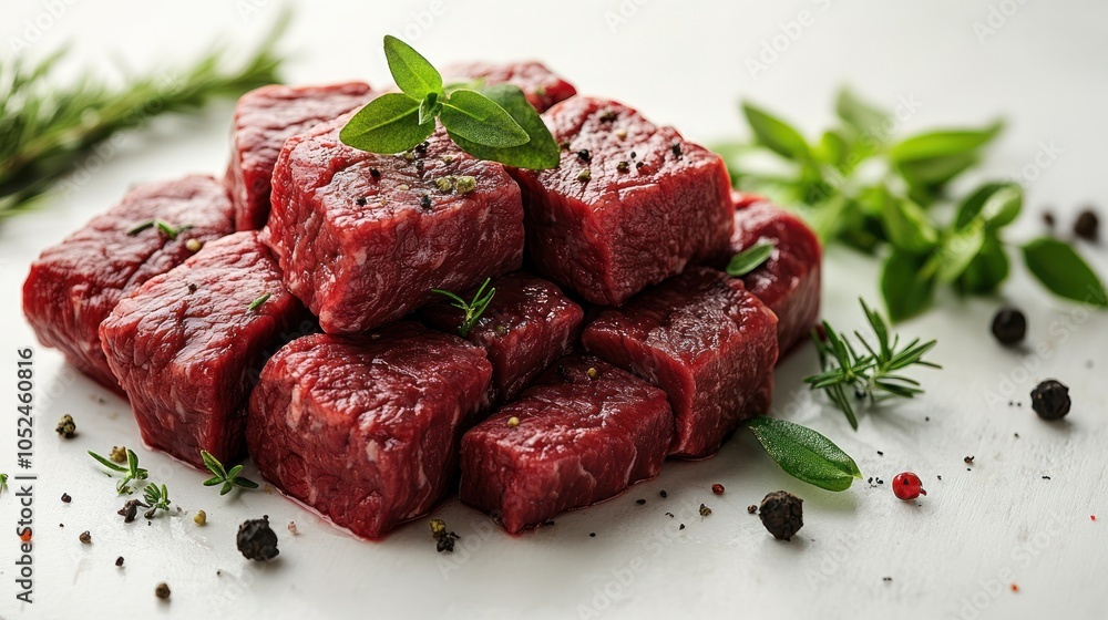 Tender beef cubes arranged artfully with fresh herbs and spices for a gourmet touch Tender beef cubes arranged artfully with fresh herbs and spices for a gourmet touch