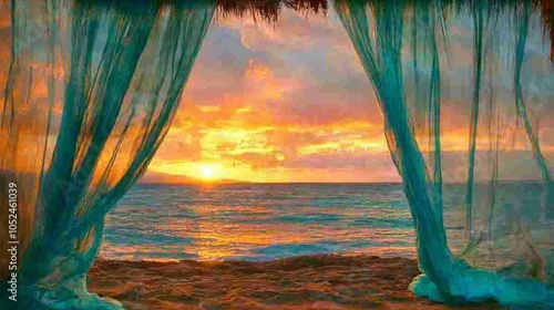 Serene Sunset View Through Sheer Curtains