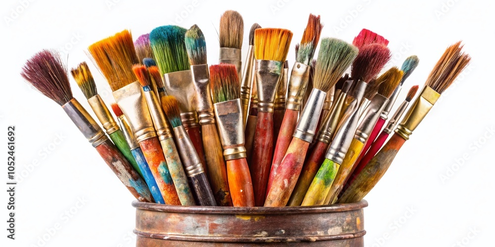 Fototapeta premium Professional Paint Brushes in an Old Jar Isolated on White Background for Art Supplies and Creative Projects
