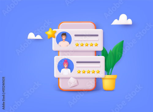 People Characters Giving Five Star Feedback. Vector customer review concepts. Reviews stars with good and bad rate and text. 3D Web Vector Illustrations.