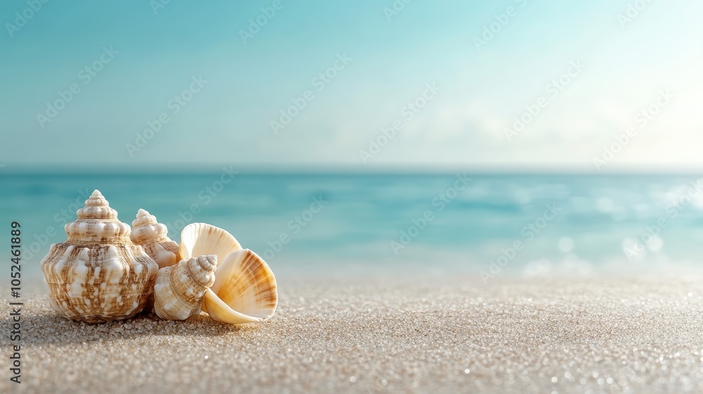 Sunlit tropical seashells are delicately arranged on a golden sandy beach with a shimmering blue ocean backdrop, evoking peaceful beachside imagery. Sunlit tropical seashells are delicately arranged on a golden sandy beach with a shimmering blue ocean backdrop, evoking peaceful beachside imagery.