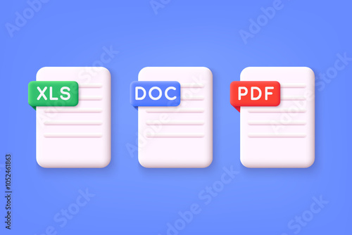 Set for paper design. Doc, Pdf, Xls. 3d business icon set. 3D Web Vector Illustrations.