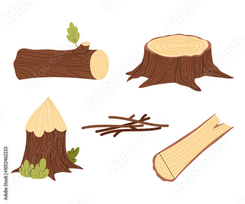 Set of wood logs for lumber industry. Woodworking concept. Tree trunk, stump and planks. Woodwork vector illustration.
