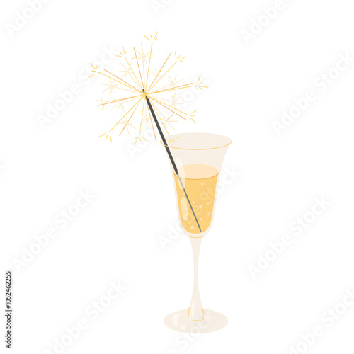 Glass of champagne. Bengal fire. Festive décor. Alcoholic drink. Flat illustration on white background.